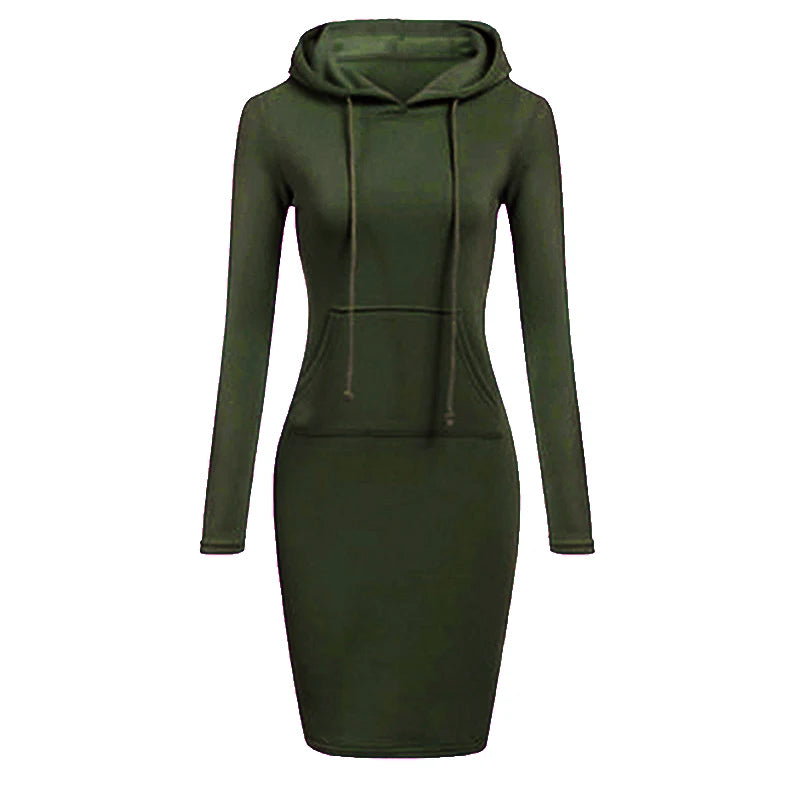 Newest Women's Solid Color Hooded Long Sleeve Dress - S-3XL