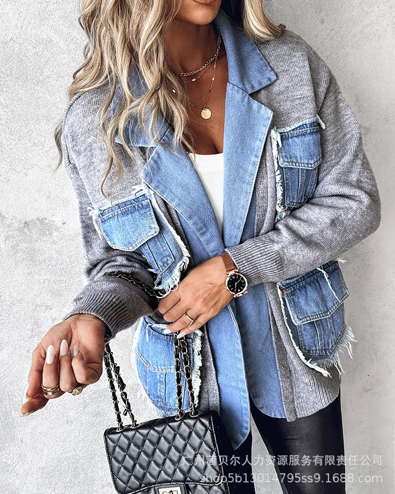 Women's Raw Hem Patchwork Cardigan Denim Jacket – Autumn/Winter