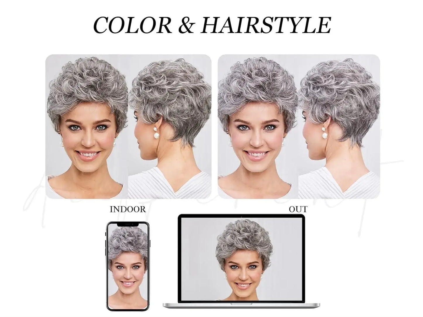 Grey Short Curly Bob Wig with Bangs- Fluffy Synthetic Hair for Women"