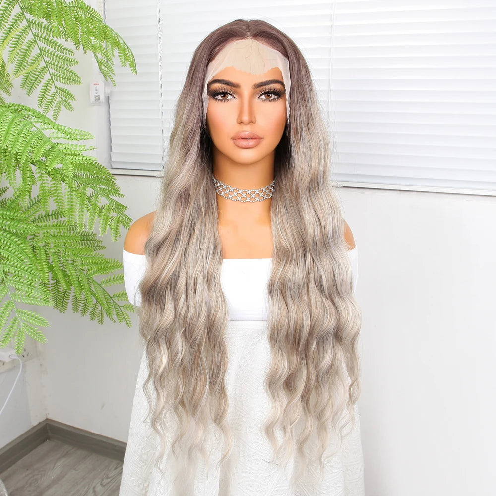 "Ombre 28'' Wavy Grey Lace Front Wig - Synthetic, Heat-Resistant"