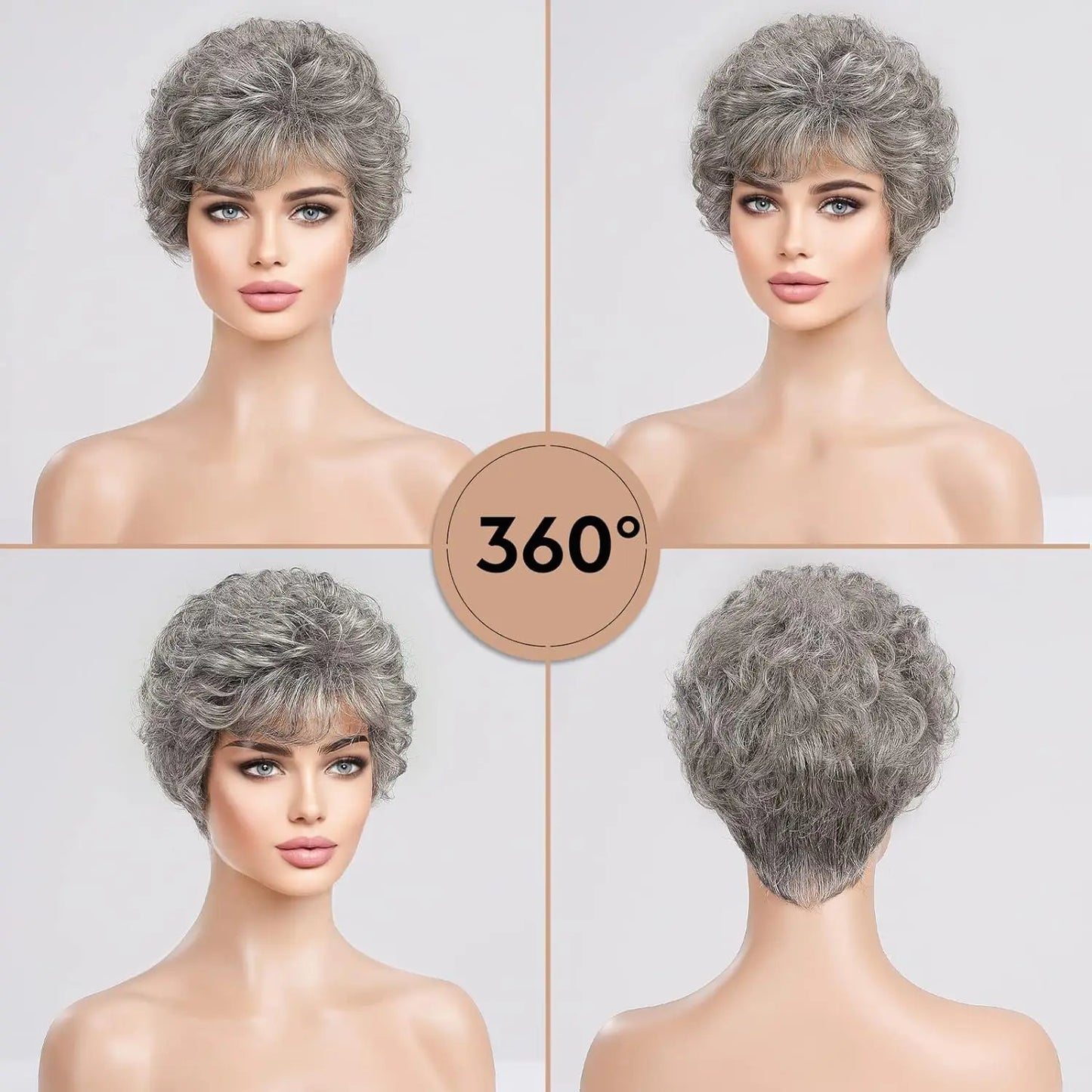 "Gray Wavy Curly Pixie Cut Wig with Bangs for Women"