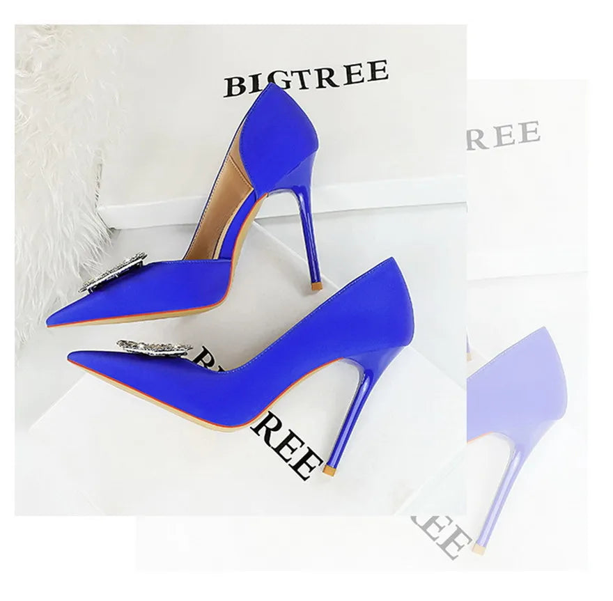 BIGTREE Blue Black Fashion Crystal Square Buckle Women Pumps