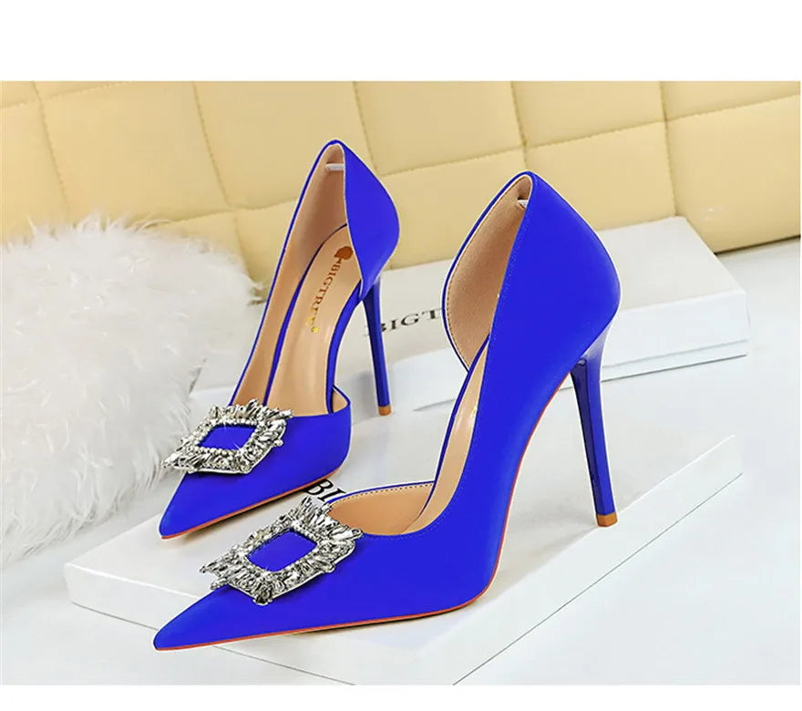 BIGTREE Blue Black Fashion Crystal Square Buckle Women Pumps