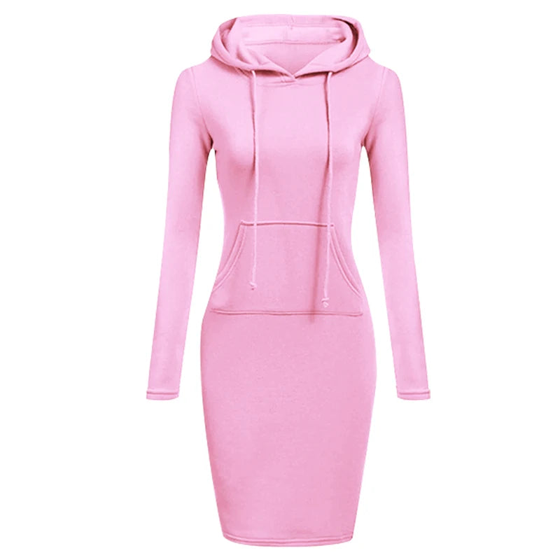 Newest Women's Solid Color Hooded Long Sleeve Dress - S-3XL