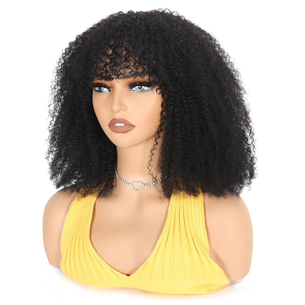 "Afro Kinky Curly Wig with Bangs – 100% Human Hair