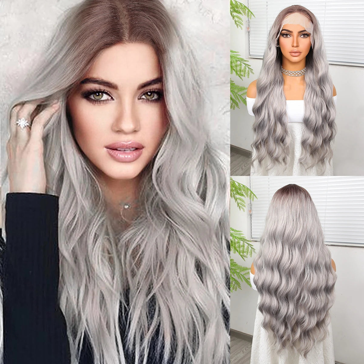 "Ombre 28'' Wavy Grey Lace Front Wig - Synthetic, Heat-Resistant"