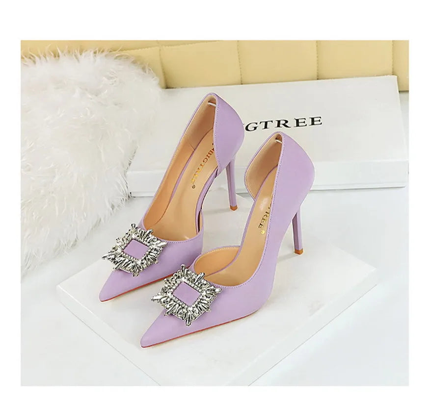 BIGTREE Blue Black Fashion Crystal Square Buckle Women Pumps