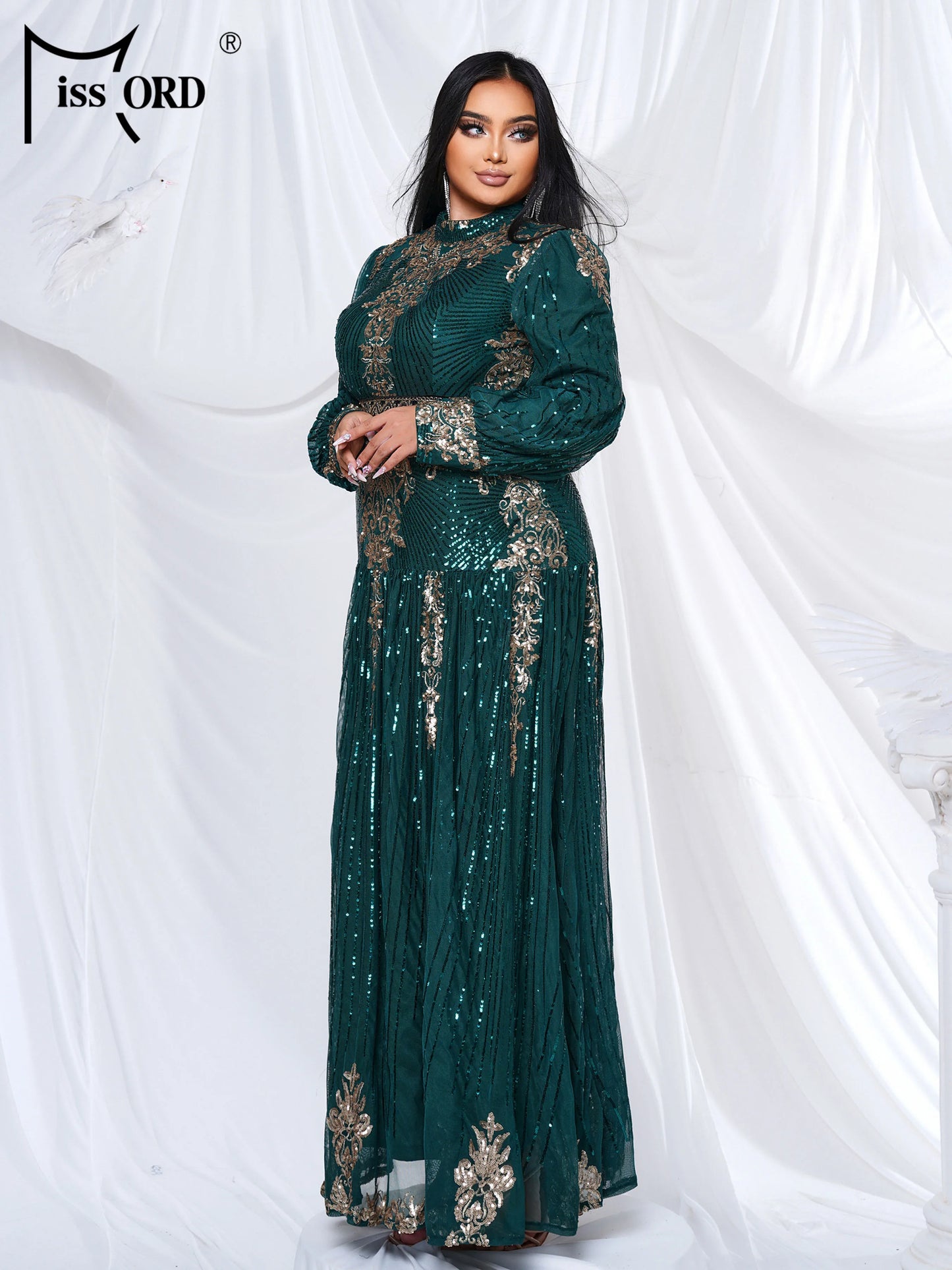 Plus-Size Green Formal Dresses with Geometric Sequin and High Neck Design