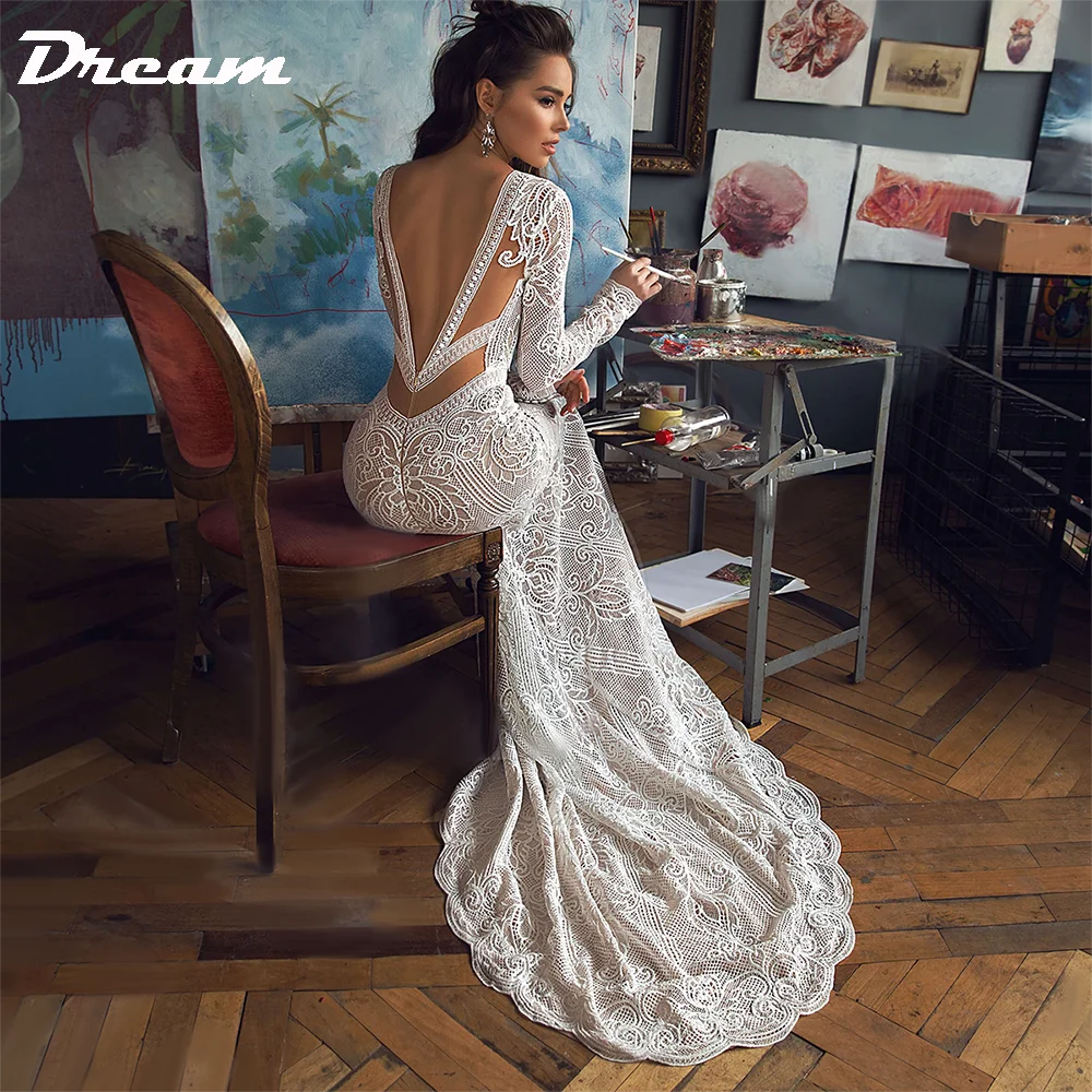 DREAM Customized Deep V Neck Lace Backless Mermaid Wedding Dress