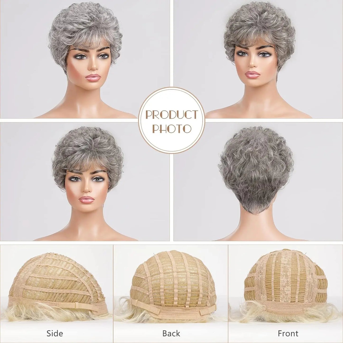 Grey Short Curly Bob Wig with Bangs- Fluffy Synthetic Hair for Women"