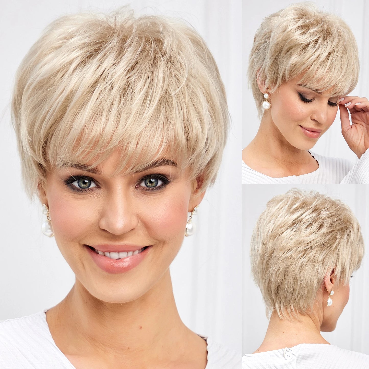 "Gray Wavy Curly Pixie Cut Wig with Bangs for Women"