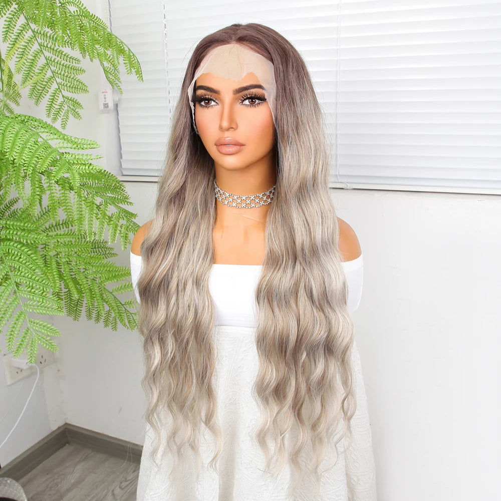 "Ombre 28'' Wavy Grey Lace Front Wig - Synthetic, Heat-Resistant"