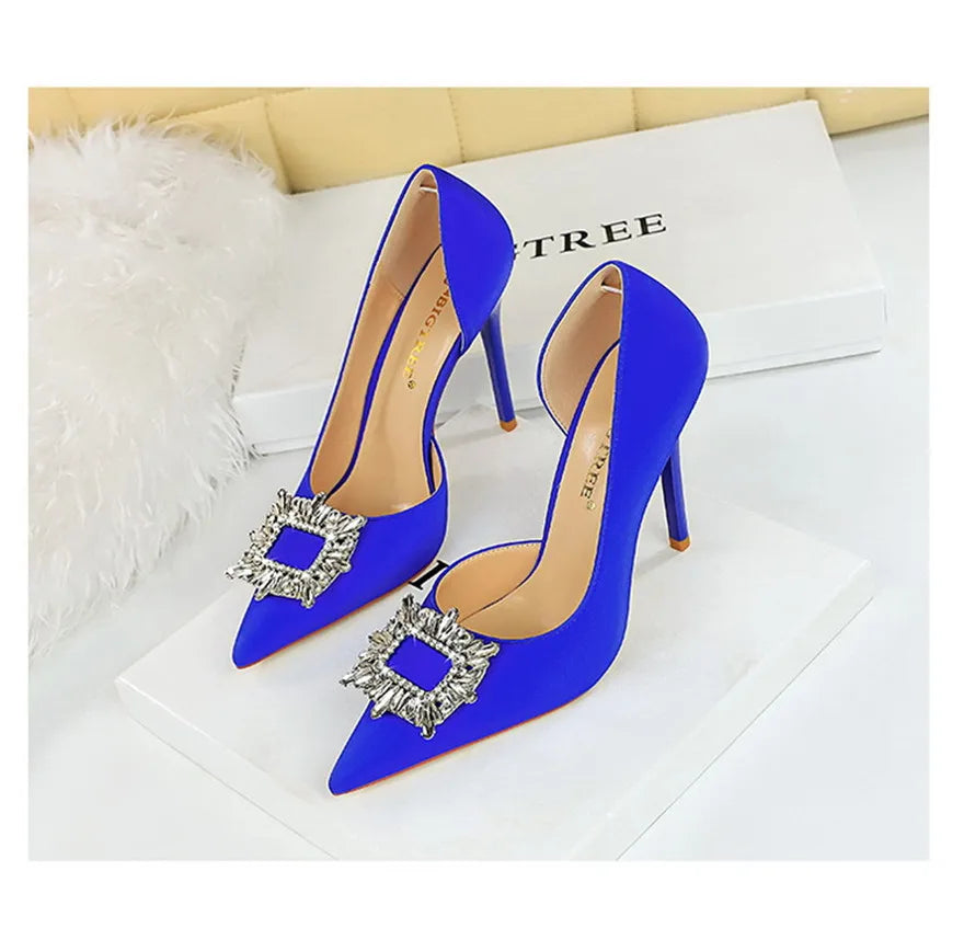 BIGTREE Blue Black Fashion Crystal Square Buckle Women Pumps