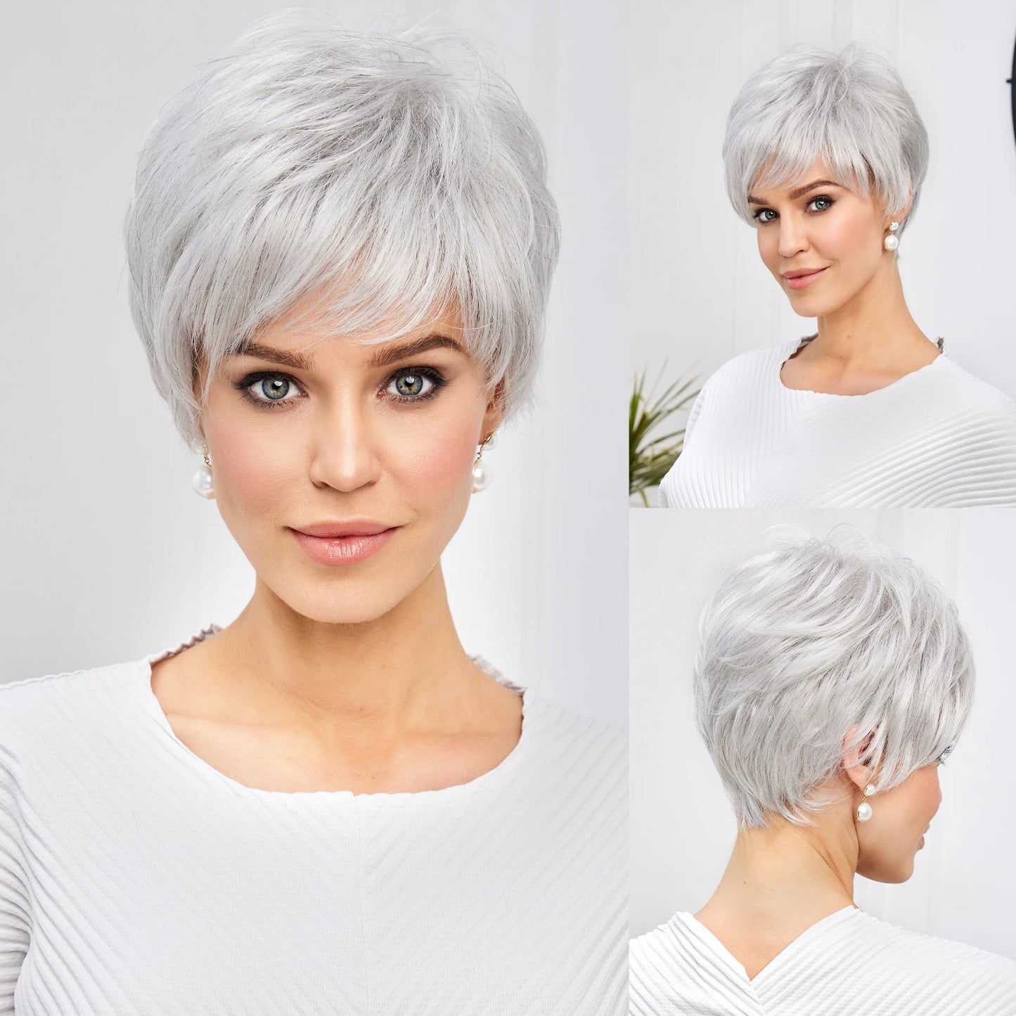 "Gray Wavy Curly Pixie Cut Wig with Bangs for Women"