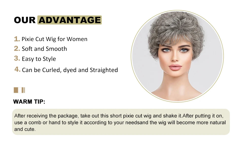 "Gray Wavy Curly Pixie Cut Wig with Bangs for Women"