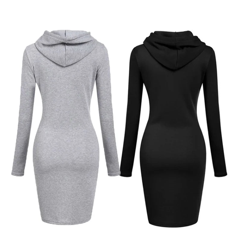 Newest Women's Solid Color Hooded Long Sleeve Dress - S-3XL