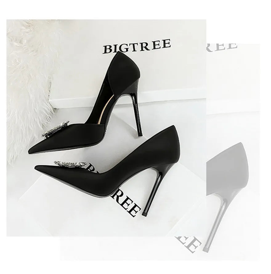 BIGTREE Blue Black Fashion Crystal Square Buckle Women Pumps