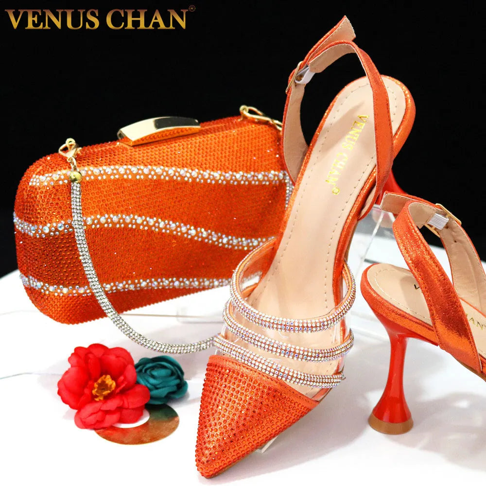 Venus Chan Newest INS Style Orange Color Elegant African Ladies Shoes And Bag Set