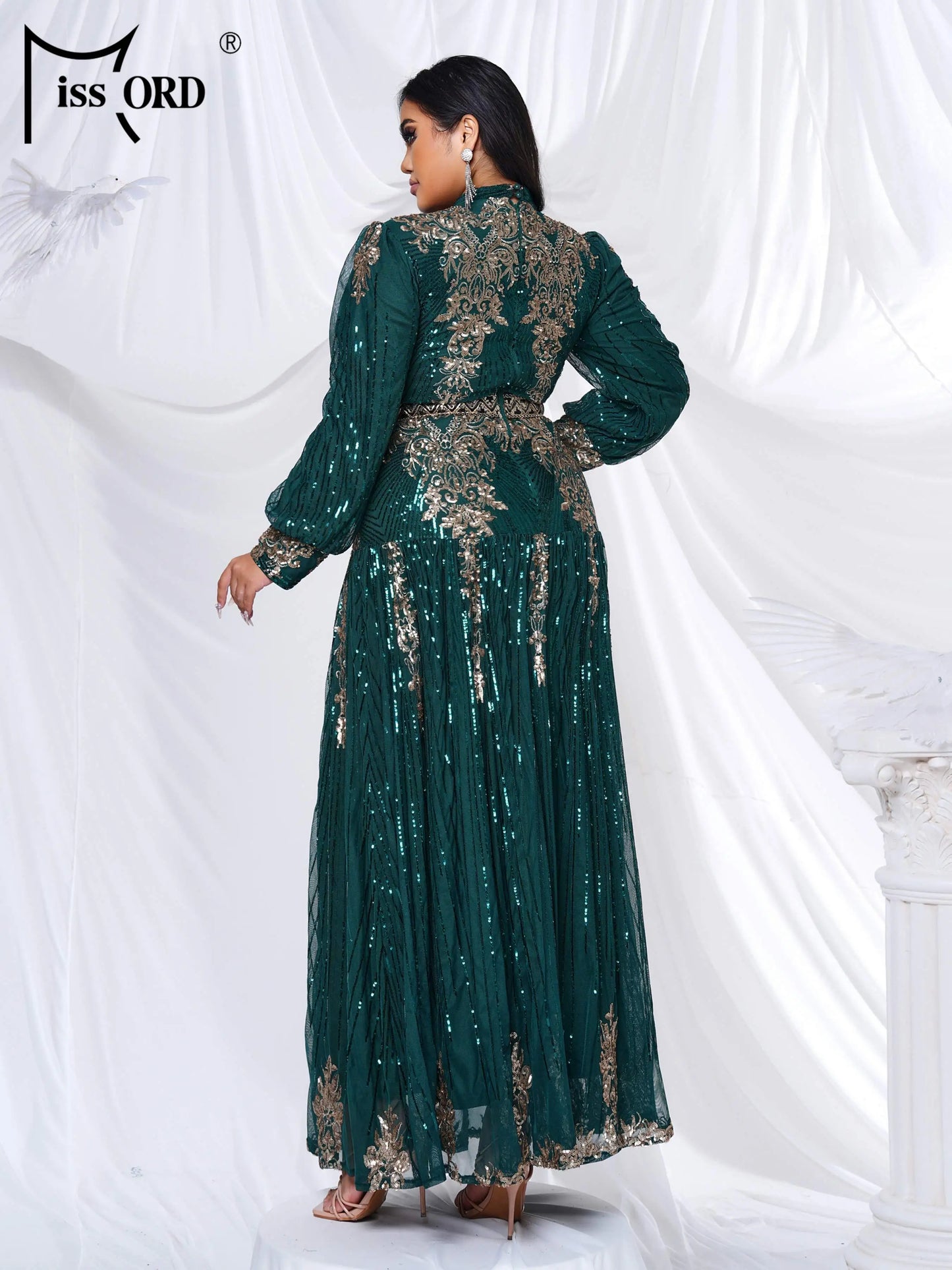 Plus-Size Green Formal Dresses with Geometric Sequin and High Neck Design