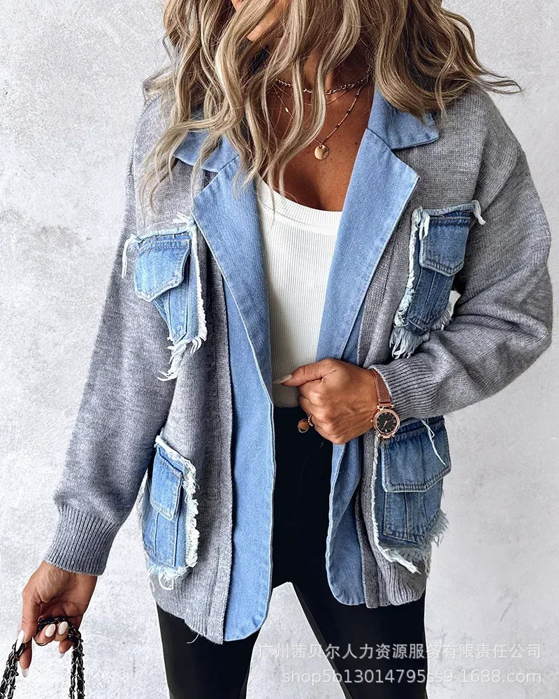 Women's Raw Hem Patchwork Cardigan Denim Jacket – Autumn/Winter