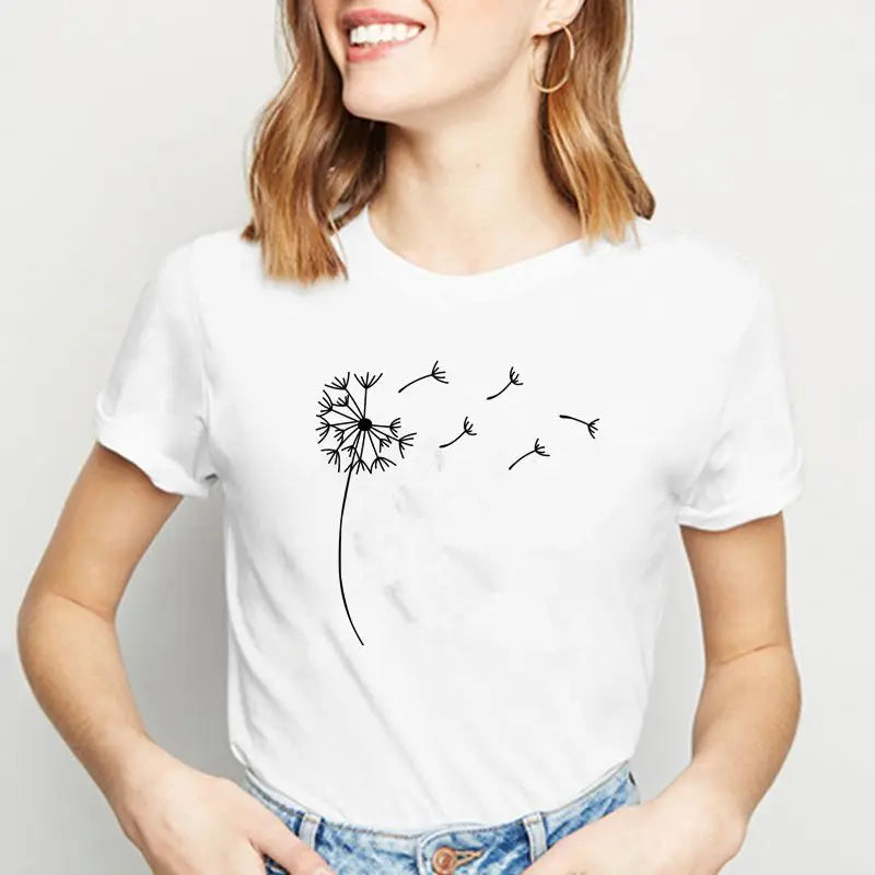 Dandelion Print Casual Funny Short Sleeve O-Neck T-shirt