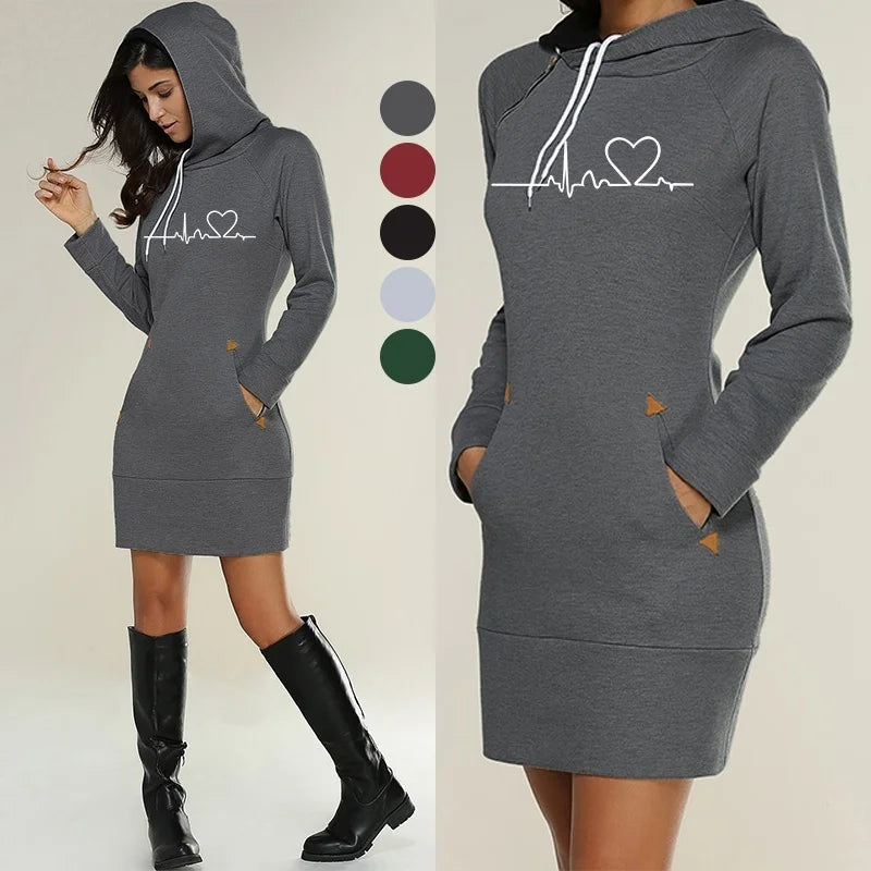 Women's ECG Printed Hoodie Dress - Long Sleeve, Slim Fit, Cotton, S-3XL