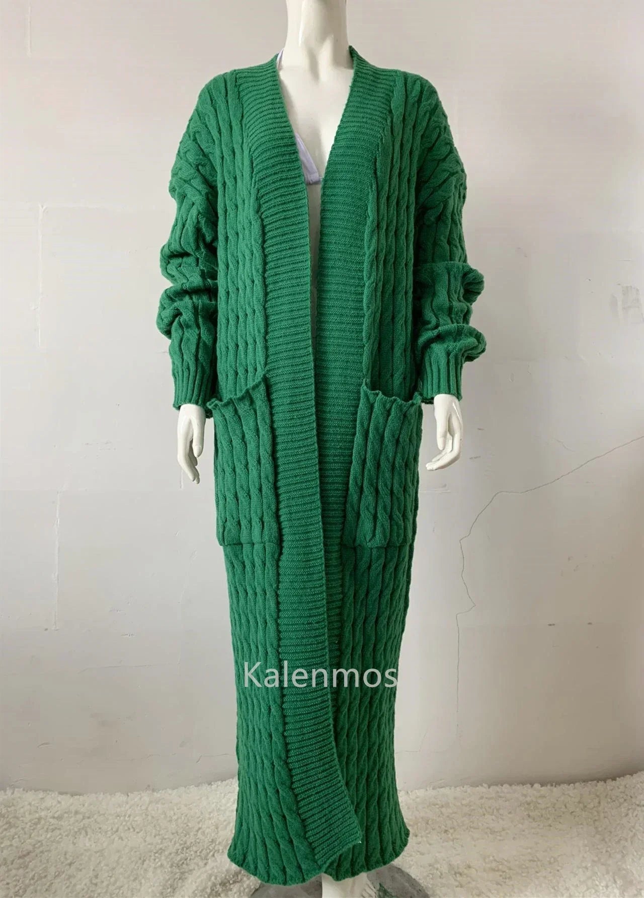 Women's Long Knit Cardigan - Green Crochet Sweater