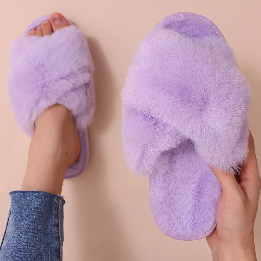 Shevalues New Fashion Home Plush Fur Slides Indoor Warm Thick Sole Flip Flops