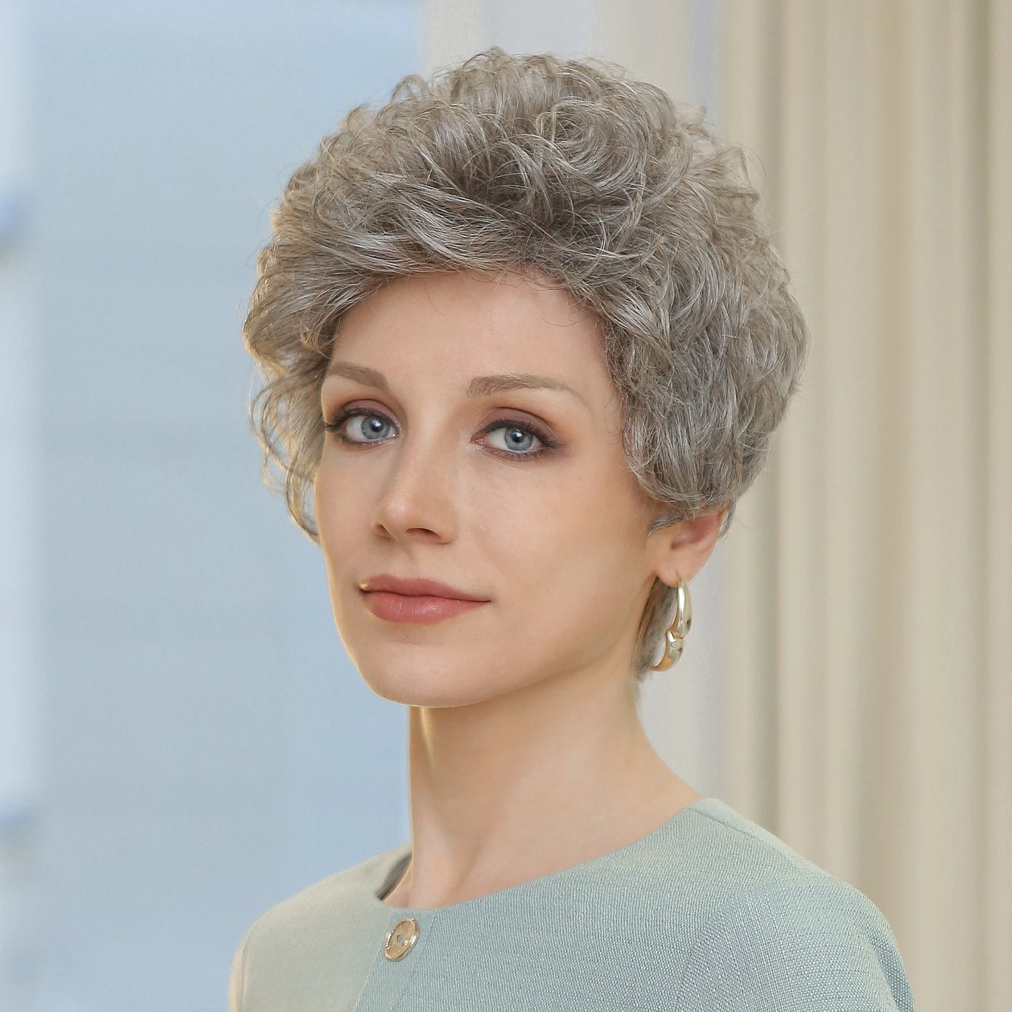 Grey Short Curly Bob Wig with Bangs- Fluffy Synthetic Hair for Women"