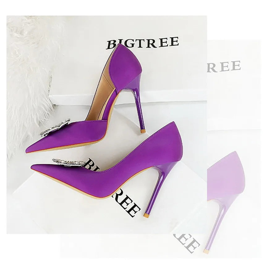 BIGTREE Blue Black Fashion Crystal Square Buckle Women Pumps