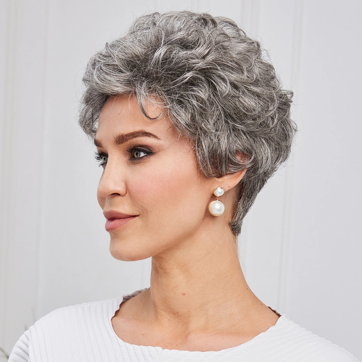 "Gray Wavy Curly Pixie Cut Wig with Bangs for Women"