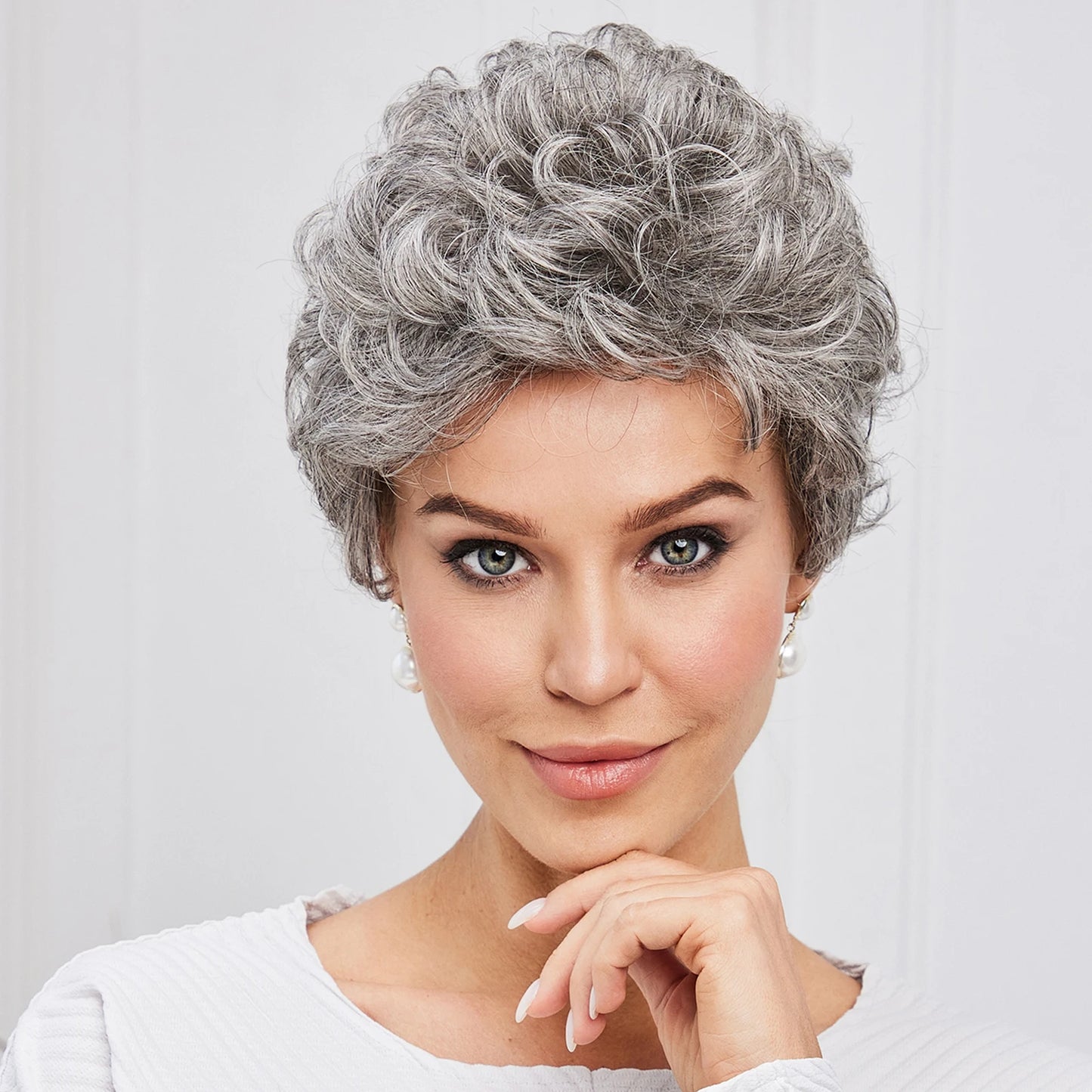 "Gray Wavy Curly Pixie Cut Wig with Bangs for Women"