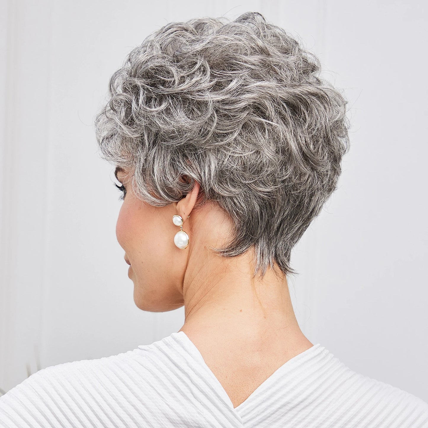 "Gray Wavy Curly Pixie Cut Wig with Bangs for Women"