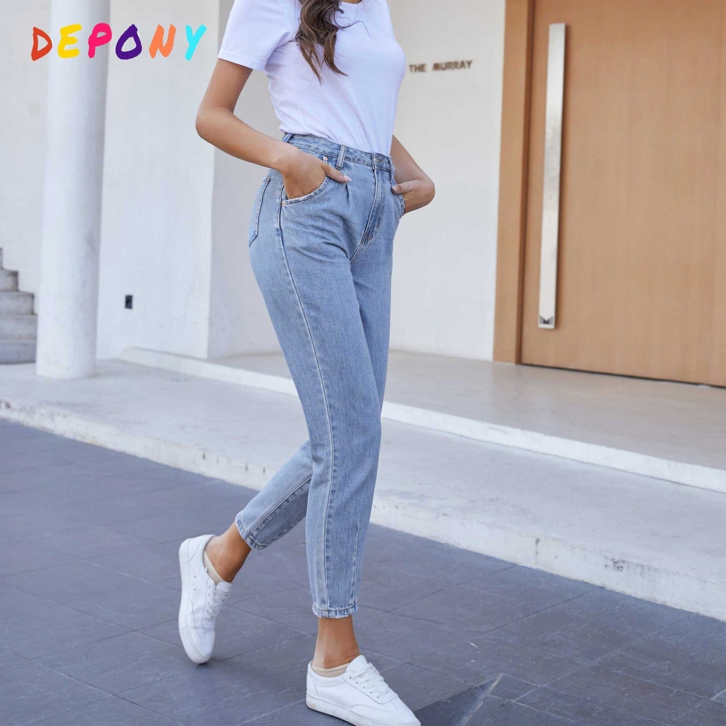 2021 Depony High Waist  Mom Jeans Straight Jeans Femme 100% Cotton