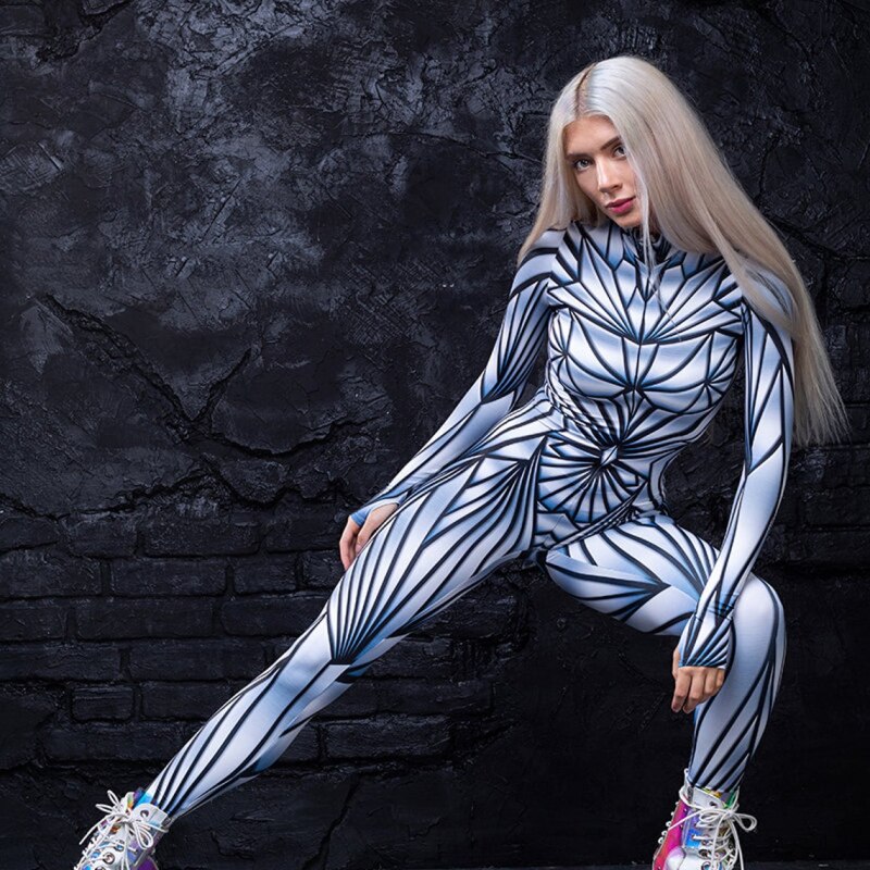 Robot Halloween Skeleton Cosplay Costumes Sexy Slim Jumpsuit