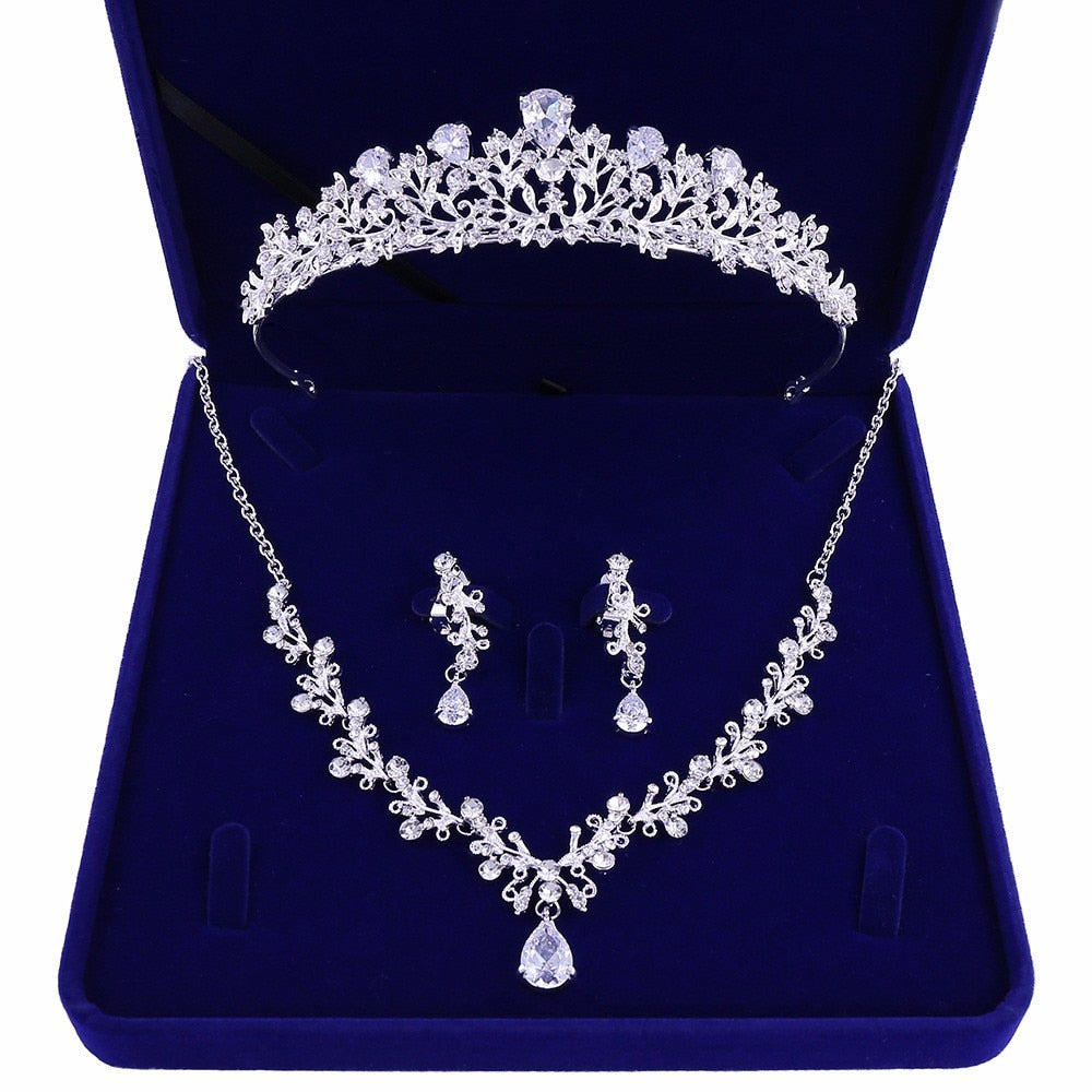 Rhinestone Crown Tiaras Necklace Earrings Set for Bride African Beads Jewelry Sets