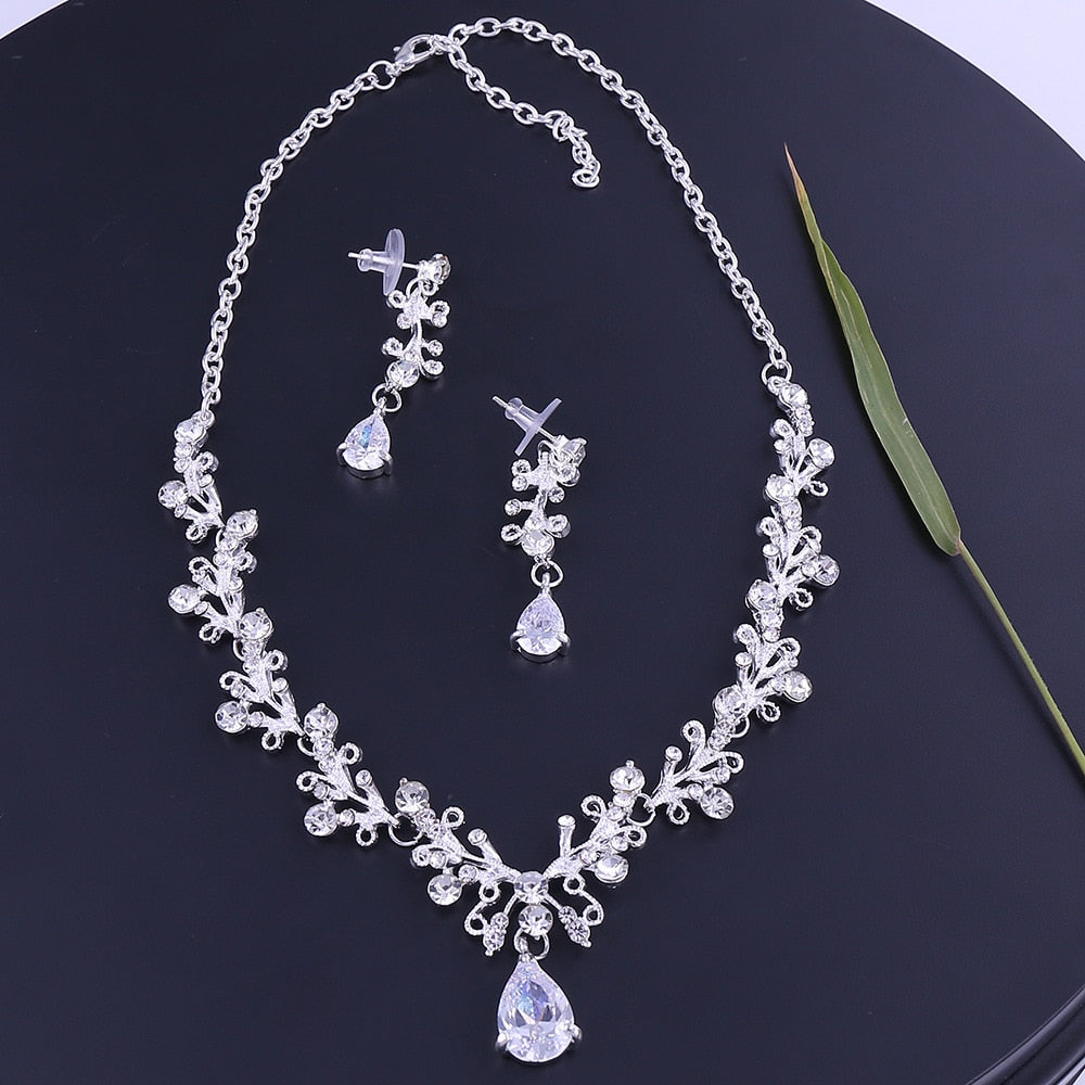 Rhinestone Crown Tiaras Necklace Earrings Set for Bride African Beads Jewelry Sets