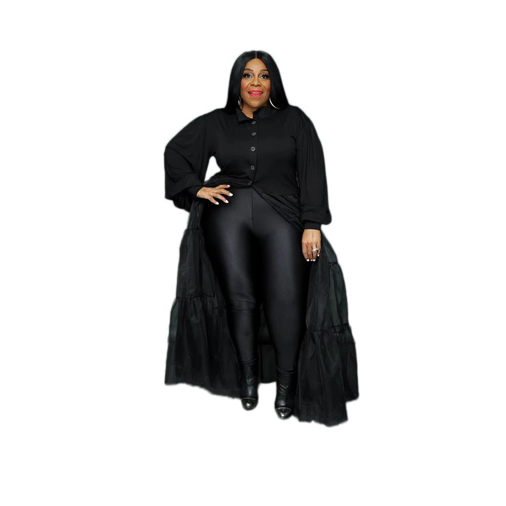 Fashion Black Mesh Patchwork Plus Size Women Long Sleeve Maxi Dress