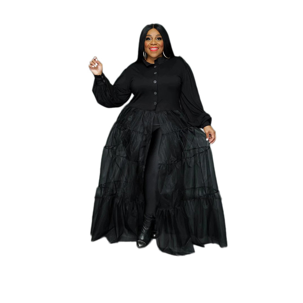 Fashion Black Mesh Patchwork Plus Size Women Long Sleeve Maxi Dress