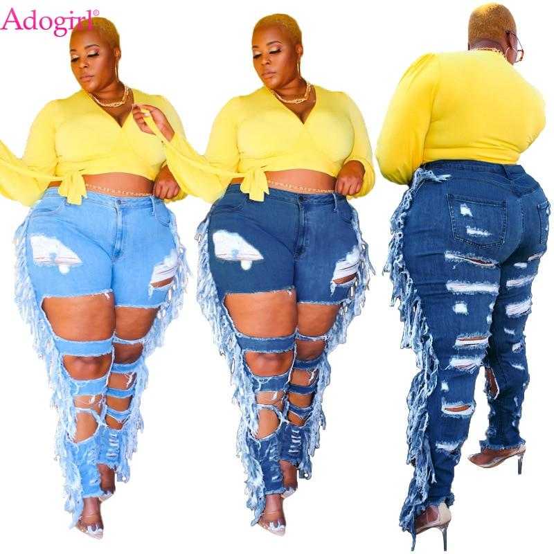 Adogirl Plus Size Side Tassel Holes Jeans Pencil Pants Distressed Hollow Out Tight Denim Trousers Fashion Streetwear