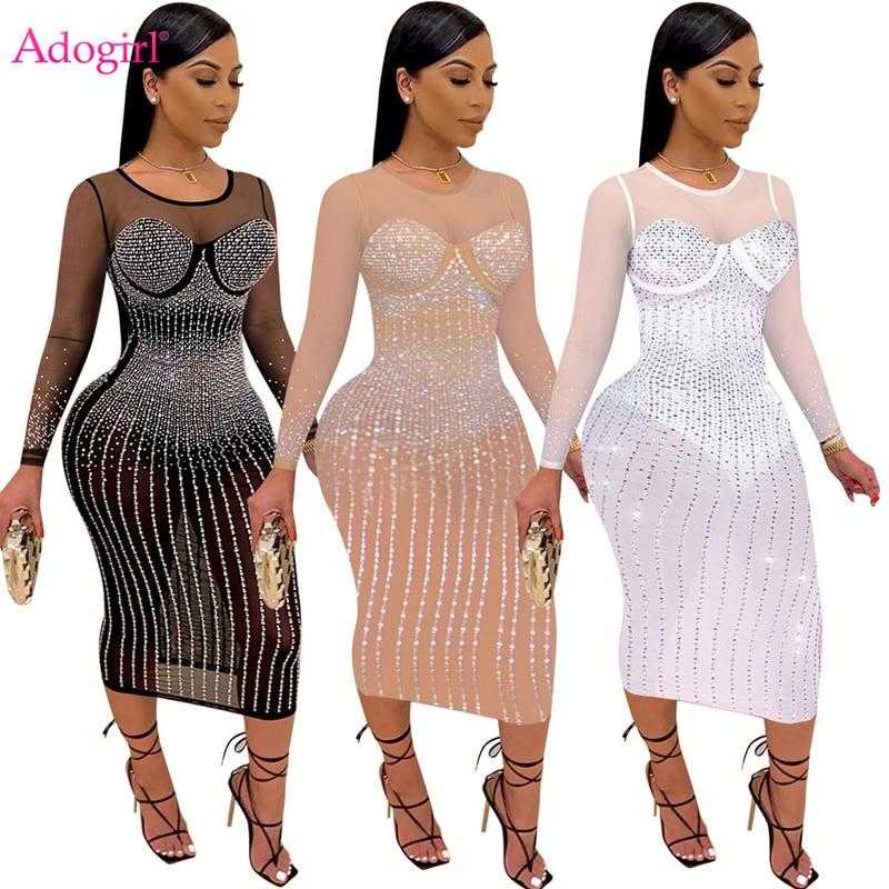 Adogirl Women Sexy Long Sleeve Diamond Plus Size S-5XL Dress