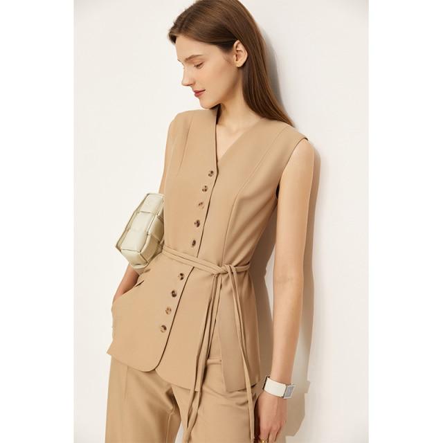 Amii Minimalism  Fashion Blazer Coat V-Neck Buttons Vest Women Blazer Suit Set