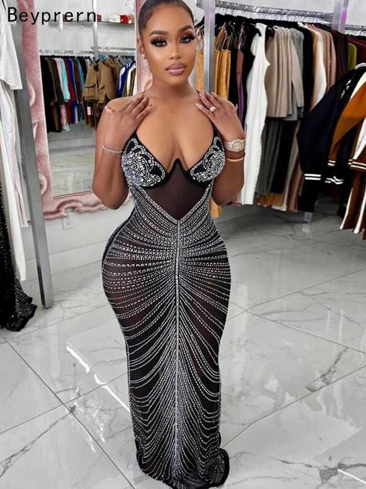 Beyprern Sparkle Black Mesh Sheer Rhinestones Maxi Dress Gown Women Glam Spagetti Straps Crystal Party Dress Celebrities Outifts