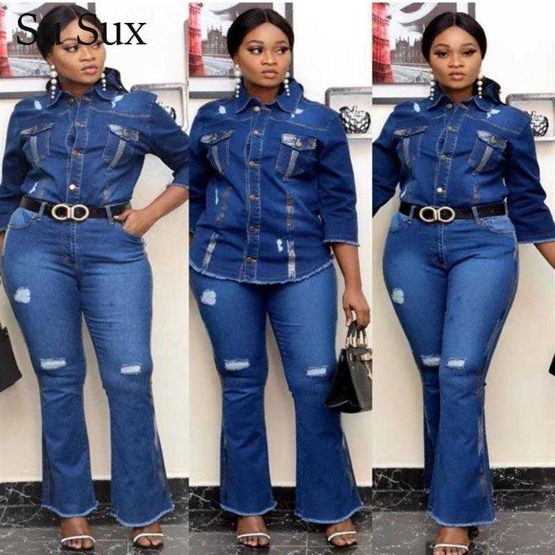 Casual Jeans Two Piece Set Women Outfits Denim Suit High Quality Set Half Sleeve Top & Flare Pants