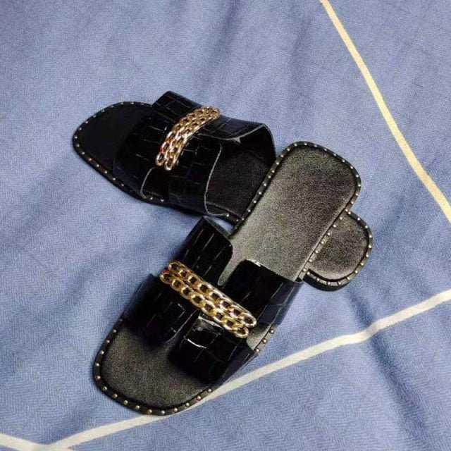 Classic Designer New Women Flat Flip Flops Double Chain Sandal Slippers