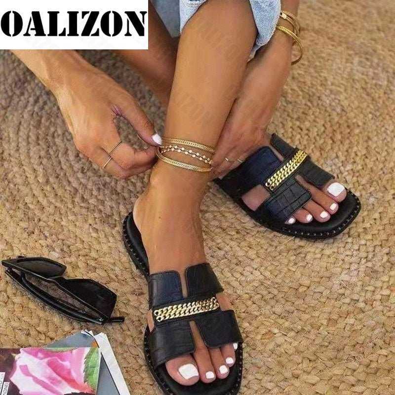 Classic Designer New Women Flat Flip Flops Double Chain Sandal Slippers