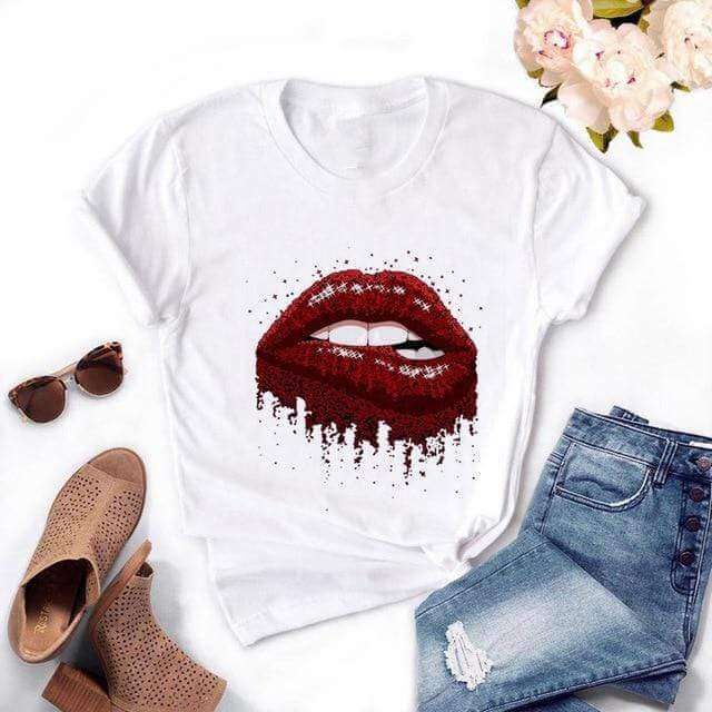 Fashion Women's Casual Sequins Red Lip Short Sleeve T-Shirts