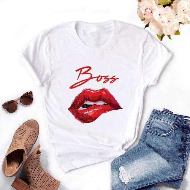 Fashion Women's Casual Sequins Red Lip Short Sleeve T-Shirts