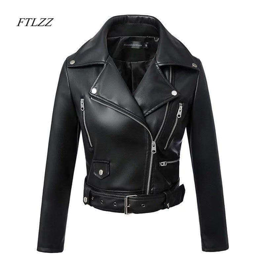 FTLZZ New Autumn Winter Black Faux Leather Women Jacket With Belt