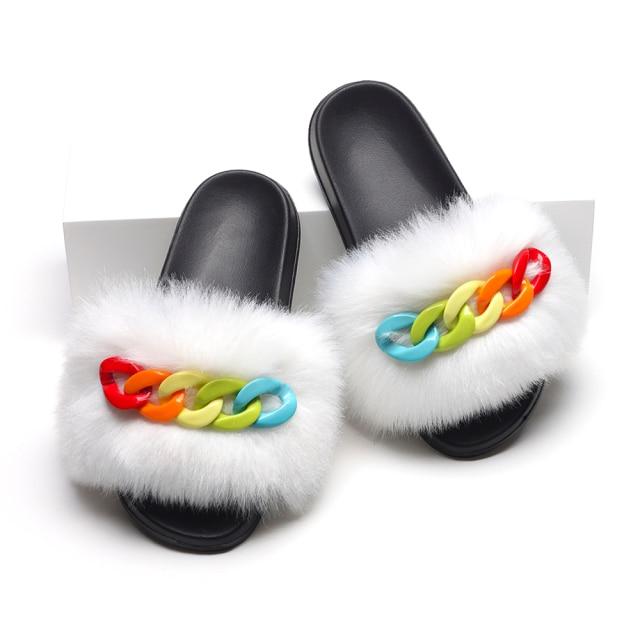 Furry Fur Slippers Fluffy Flip Flops Women Summer Faux Fox Sandals